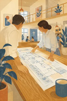 Church Building Committee Reviewing Blueprints