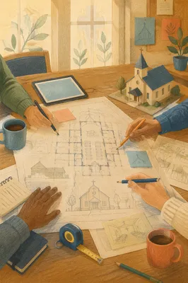 Church Building Committee Reviewing Blueprints
