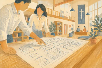 Church Building Committee Reviewing Blueprints