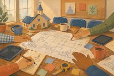 Church Building Committee Reviewing Blueprints