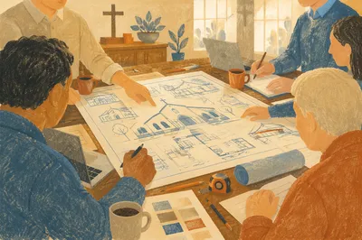 Church Building Committee Reviewing Blueprints