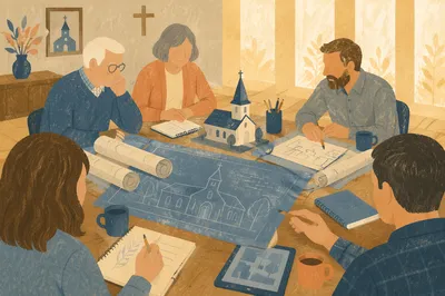 Church Building Committee Reviewing Blueprints