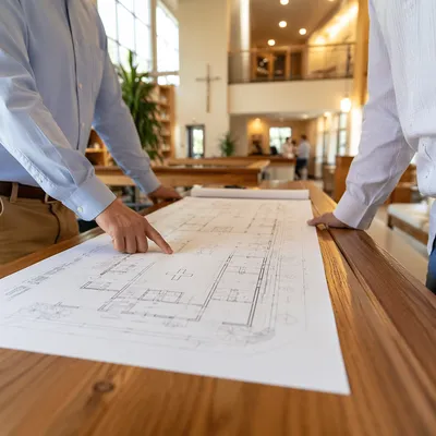Church Building Committee Reviewing Blueprints