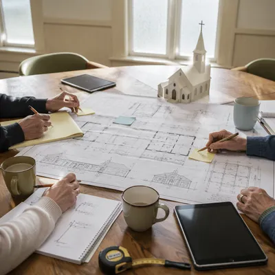 Church Building Committee Reviewing Blueprints