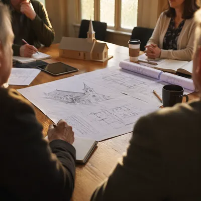 Church Building Committee Reviewing Blueprints