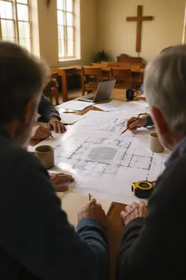 Church Building Committee Reviewing Blueprints