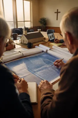 Church Building Committee Reviewing Blueprints