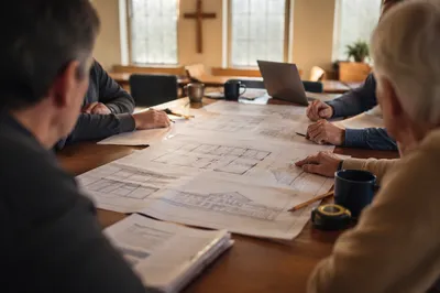 Church Building Committee Reviewing Blueprints