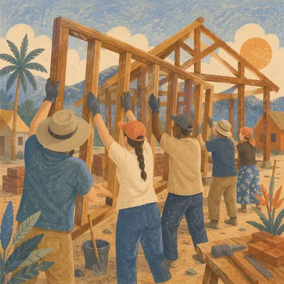 Overseas Volunteers Raising Rural Church Frame