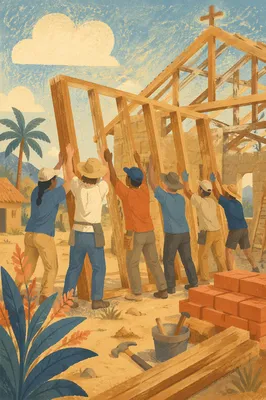 Overseas Volunteers Raising Rural Church Frame
