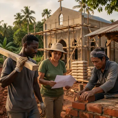 Volunteers Building Rural Church at Sunset