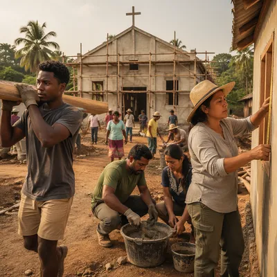 Volunteers Building Chapel in Tropical Village