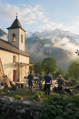 Overseas Volunteers Building Rural Chapel at Dawn