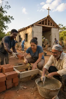 Volunteers Building Rural Church Outdoors