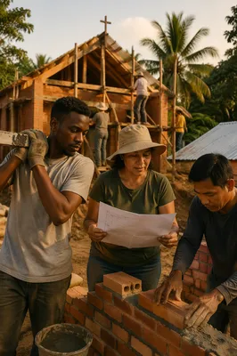Volunteers Building Rural Church at Sunset