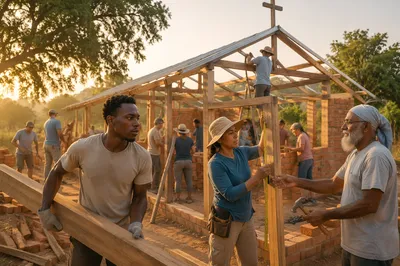 Volunteers Building Rural Church at Sunrise
