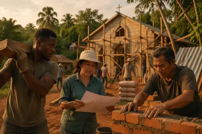 Volunteers Building Rural Church at Sunset