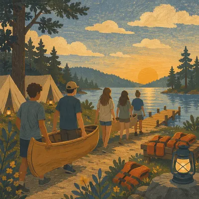Teens Carry Canoes at Summer Camp Lake