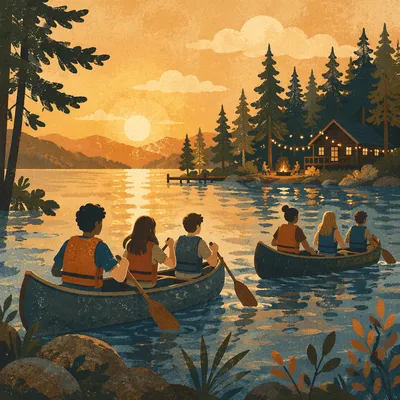Teens Canoeing at Church Camp Lake