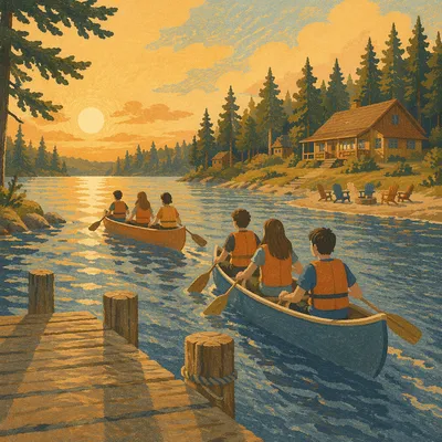 Teens Canoeing at Peaceful Church Camp Lake