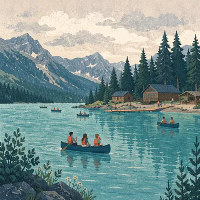 Peaceful Summer Church Camp Lake Canoes