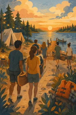 Teens Carrying Canoes at Church Camp Lake