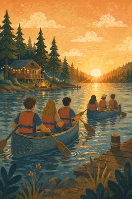 Teens Canoeing at Peaceful Church Camp Lake