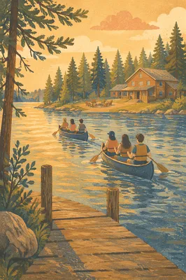 Teens Canoeing at Peaceful Church Camp Lake
