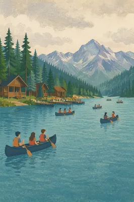 Peaceful Church Youth Camp Canoes on Lake