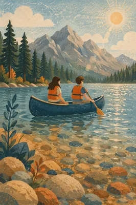 Teens Canoeing at Summer Church Camp Lake