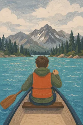 Teen Canoeing on Alpine Lake at Camp