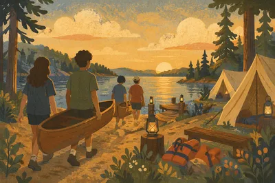 Teens Carrying Canoes at Church Camp Lake