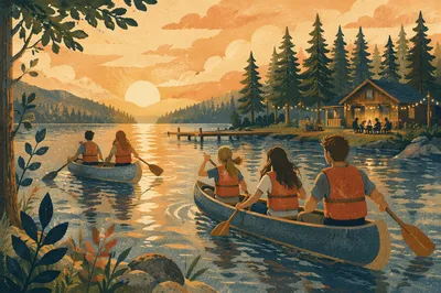 Teens Canoeing at Peaceful Church Camp Lake