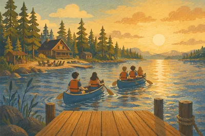 Teens Canoeing at Peaceful Church Camp Lake