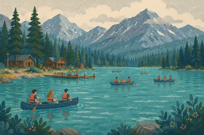 Peaceful Summer Church Camp Canoes on Lake
