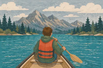 Teen Canoeing on Alpine Church Camp Lake