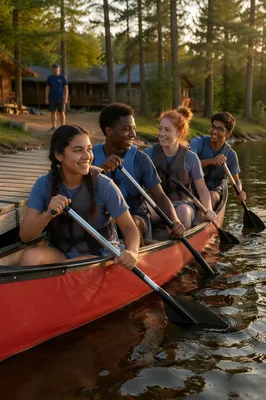 Teenagers Canoeing on Summer Camp Lake