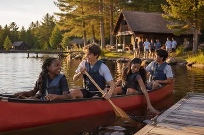 Teenagers Canoeing on Summer Camp Lake
