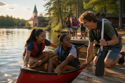 Teenagers Launching Red Canoe at Lakeside