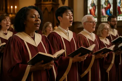 Choir Singing Hymns in Church Sanctuary