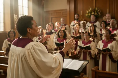 Choir Singing Hymns in Warm Sanctuary