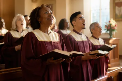 Church Choir Singing in Sunlit Sanctuary