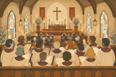 Reverent Church Choir in Warm Sanctuary
