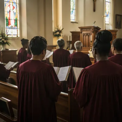 Church Choir Singing in Burgundy Robes