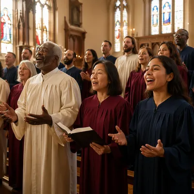 Diverse Church Choir Singing in Bright Sanctuary
