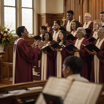 Diverse Church Choir Rehearsal in Sanctuary