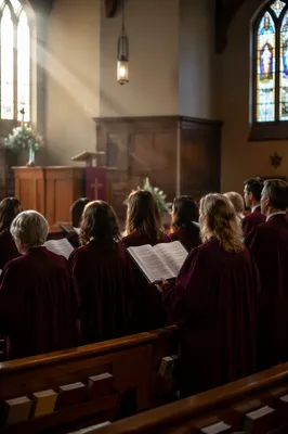 Church Choir Singing in Burgundy Robes