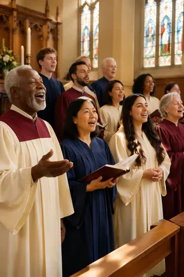 Church Choir Singing in Bright Sanctuary
