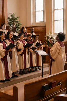 Church Choir Rehearsal in Sunlit Sanctuary