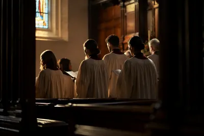 Reverent Church Choir Singing in Sanctuary